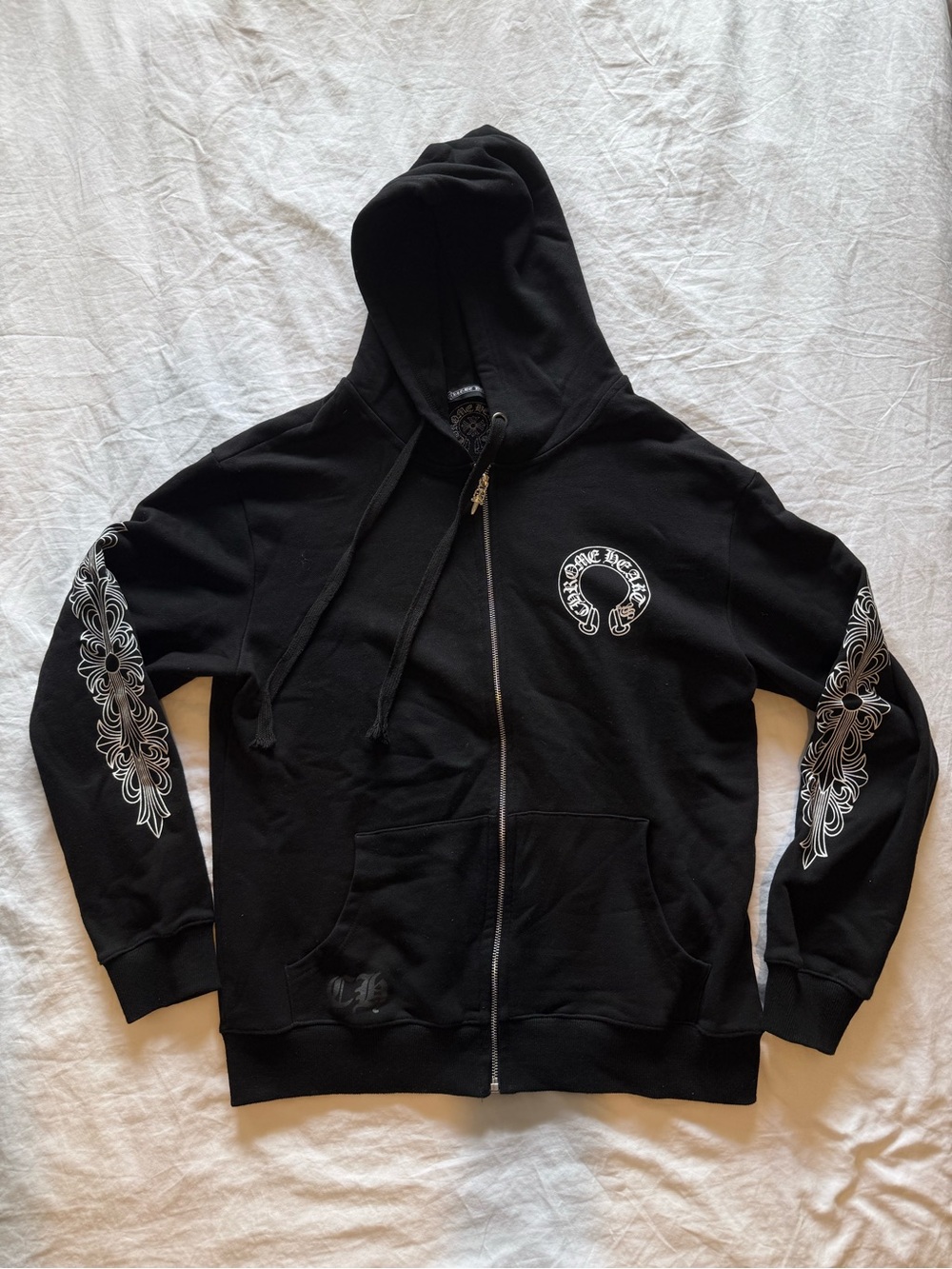 Black Zip-Up Hoodie with White Graphic Sleeves